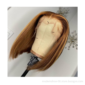 Modern Show Unprocessed Human Hair Lace Frontal Wigs Ombre Brown 4/27 Straight Wave Secondary Color Bob Wigs